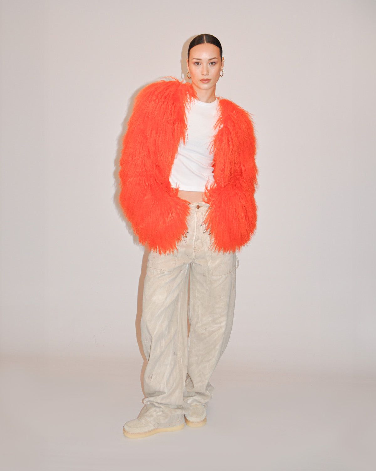 Mongolian Lamb Fur Jacket - Orange