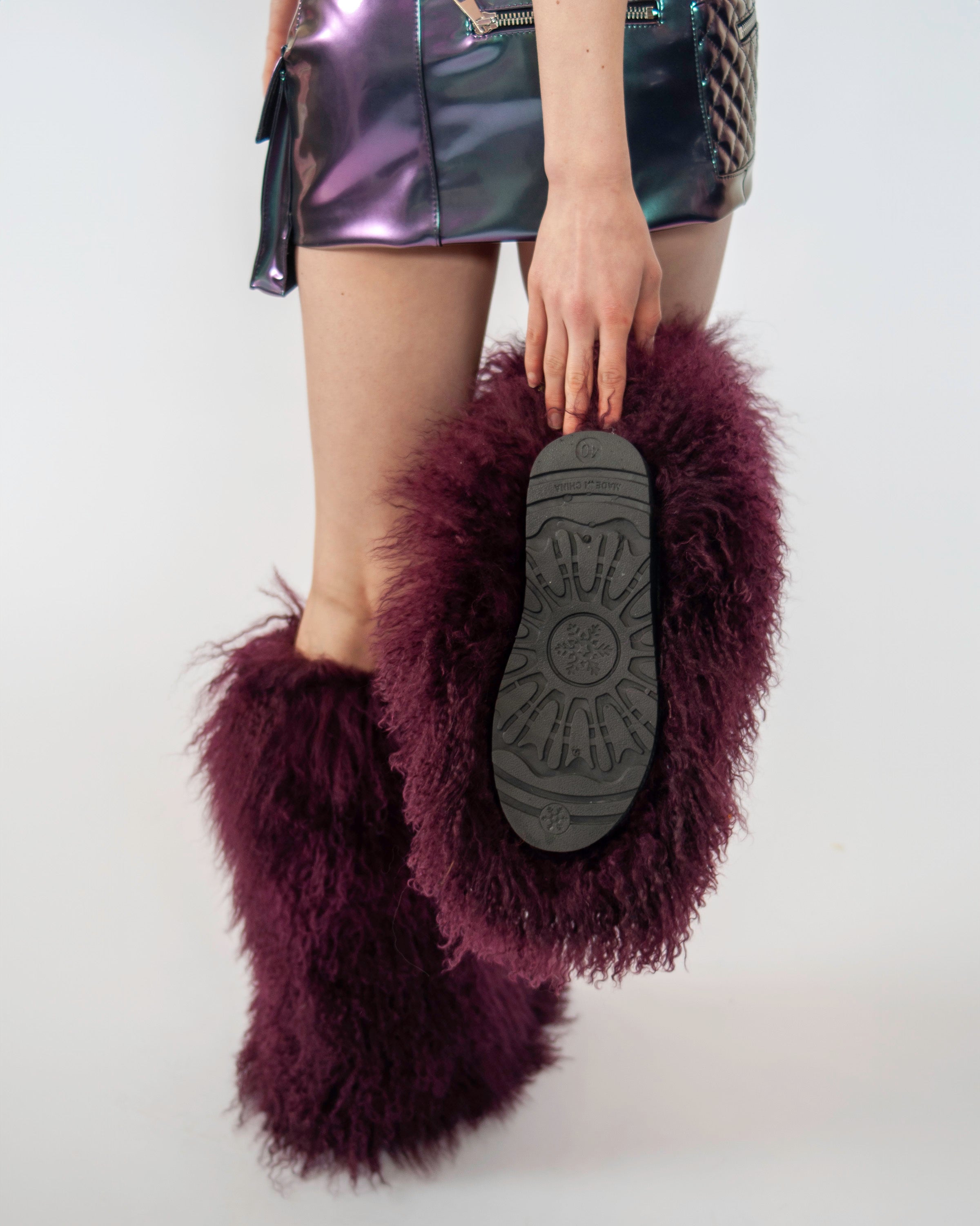 Mongolian Lamb Fur Boots - Aubergine