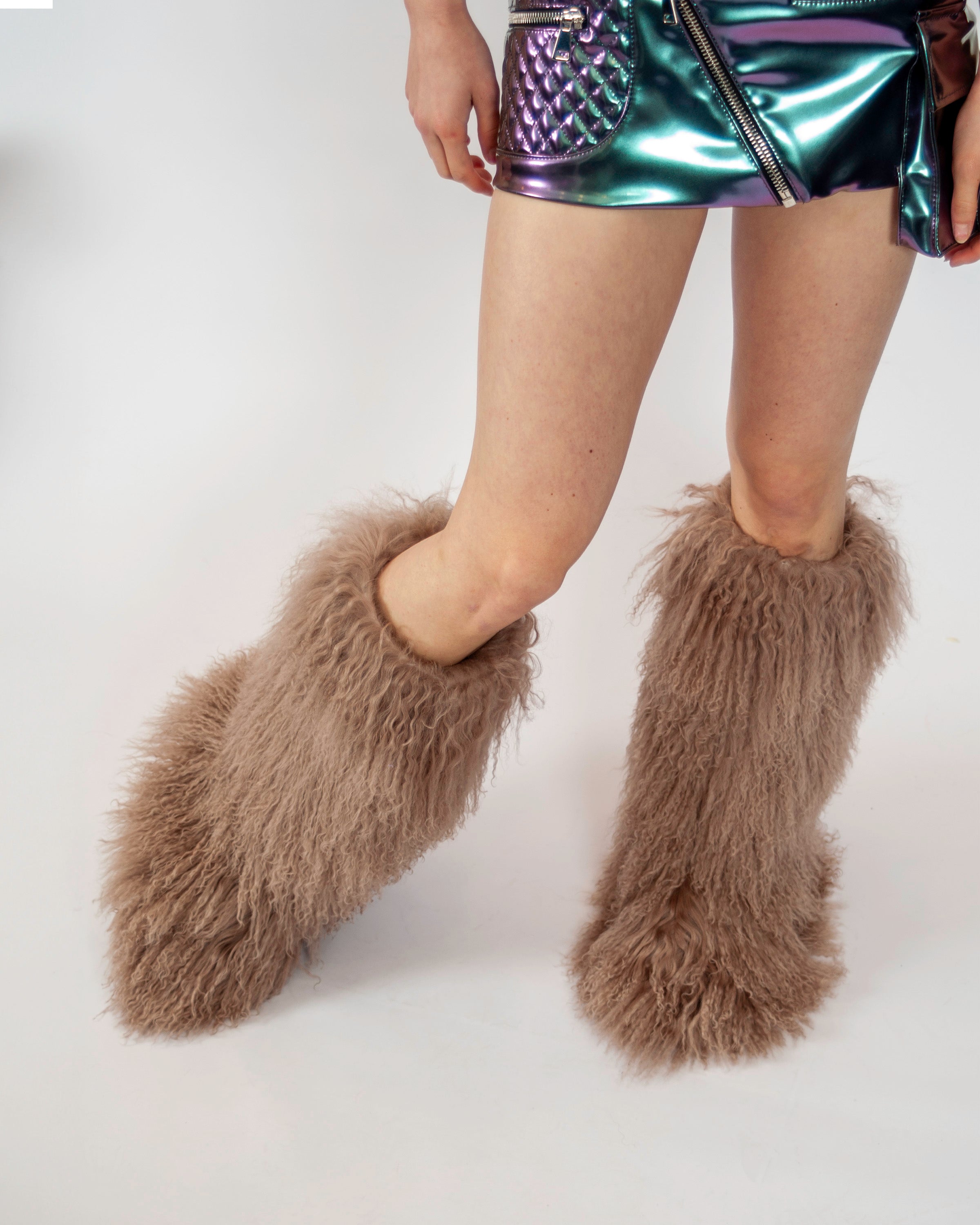 Mongolian Lamb Fur Boots - Beige