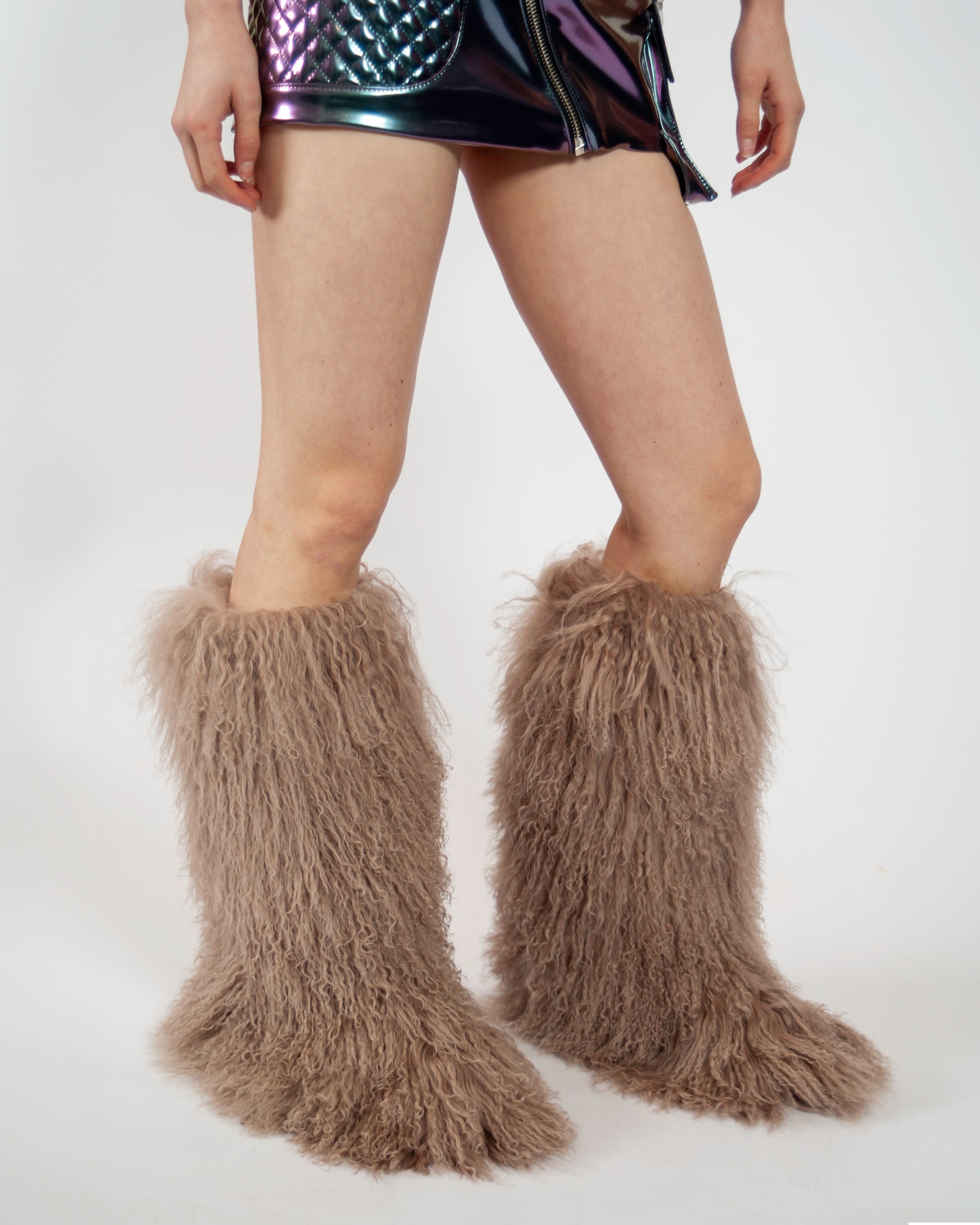 Mongolian Lamb Fur Boots - Beige